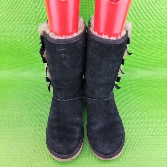 ✅TheKoolaburra by UGG VICTORIA Women's Tall Boot Size 8 BLACK Suede Faux Fur Bow - Picture 7 of 12